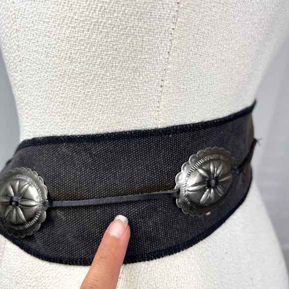 Unbranded Black Canvas Leather Wide Waist Belt Silver Concho Western Boho 29.5in - Picture 10 of 13